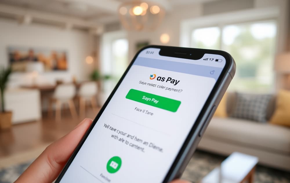 En hånd som holder en iPhone med Apple Pay betalingsbekreftelse på et nettcasino, Face ID skanner ansiktet.