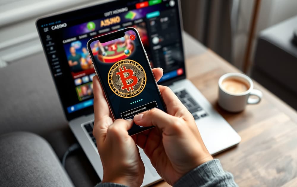 Person med mobiltelefon som skanner en Bitcoin QR-kode på et casino for å sette inn penger.