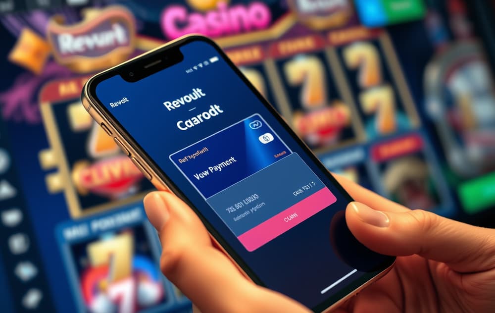 Mobiltelefon med Revolut-app og casino-betaling på skjermen
