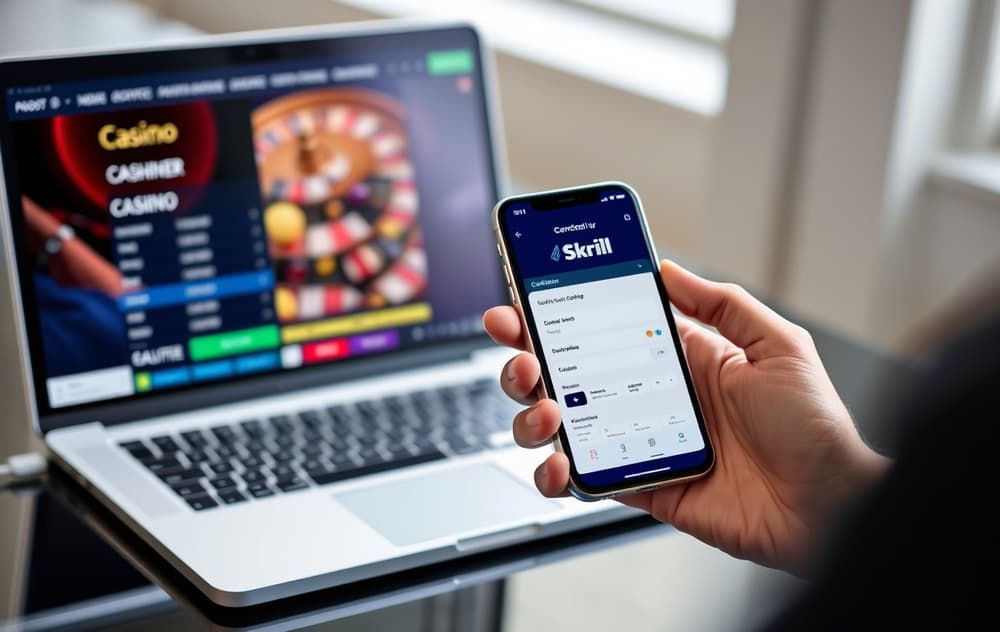 Person som bruker Skrill-appen på mobilen for å sette inn penger på et nettcasino