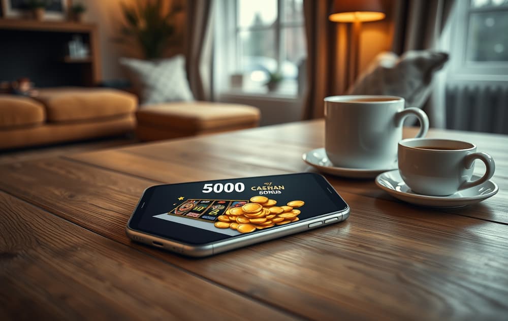 Smarttelefon med casino bonus-tilbud på skjermen, liggende på et bord i en norsk stue.