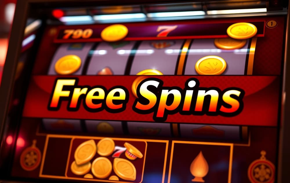 Spilleautomat med gratisspinn aktivert, gullmynter og reklame for freespins.