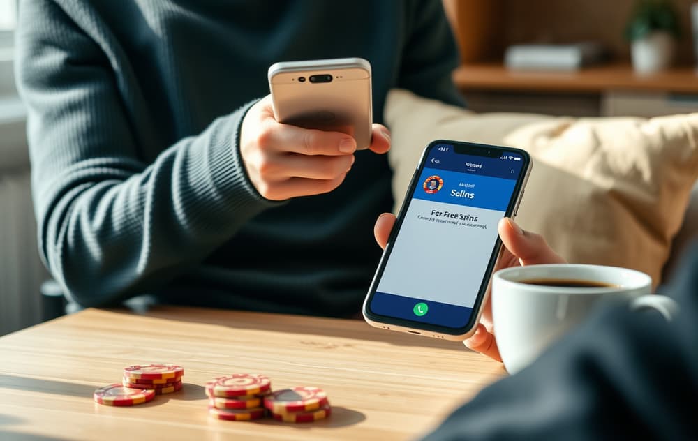 Person med mobil som mottar gratisspinn, kaffekopp og kasinochip på bordet.