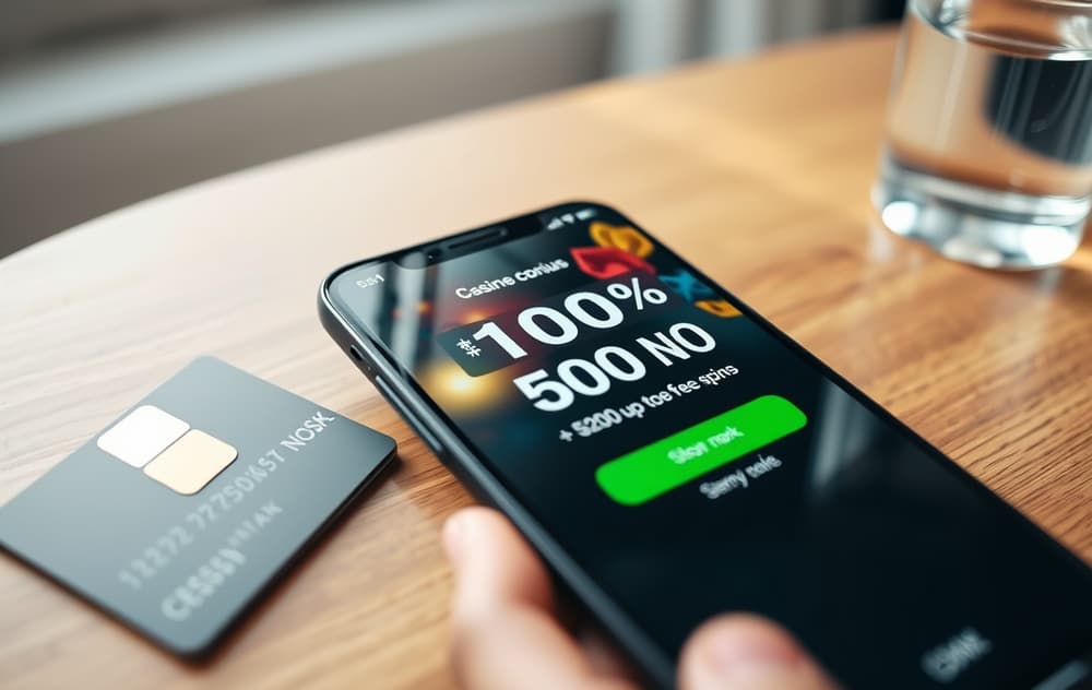 Mobilskjerm som viser innskuddsbonus med 100% opptil 5000 kr og gratisspinn på et trebord