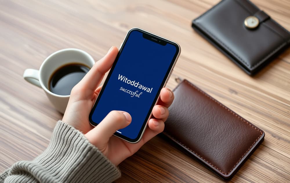 Person med mobiltelefon som viser en vellykket uttaksbekreftelse fra et nettcasino, med kaffe og lommebok ved siden av.