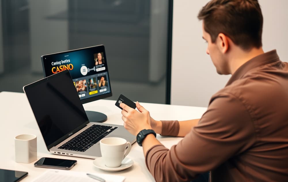 En person som sitter ved en pult og ser på en casino-side på en bærbar PC, med et kredittkort i hånden.