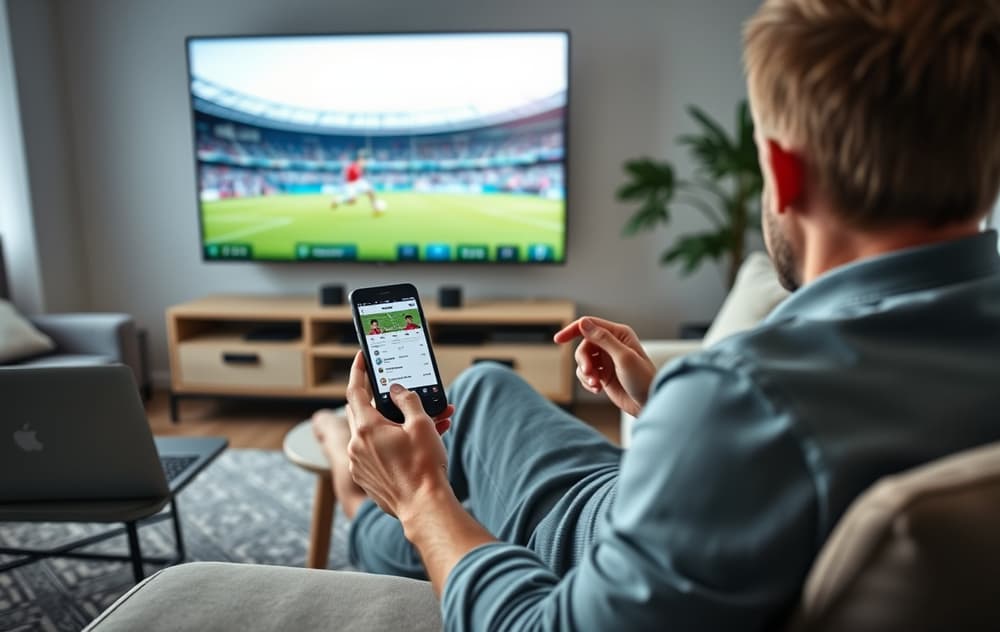 En person som følger med på en fotballkamp på TV samtidig som han bruker en bettingside på mobilen.