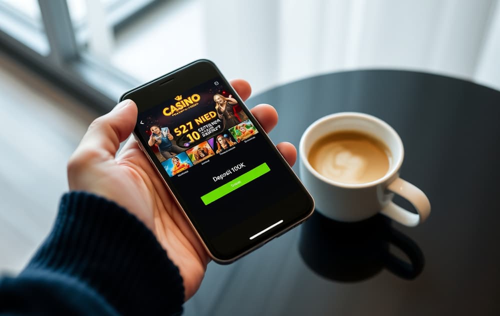 Person som spiller på casino med lavt innskudd på mobil