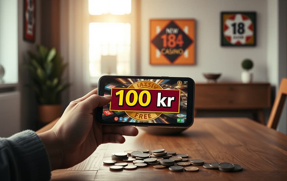 En person med mobiltelefon som viser et gratiscasino-tilbud med 100 kroner gratis.