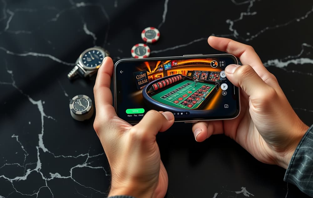 Hånd som holder mobiltelefon med casinospill, luksusklokke og jetonger på mørk marmor – high roller-stemning.