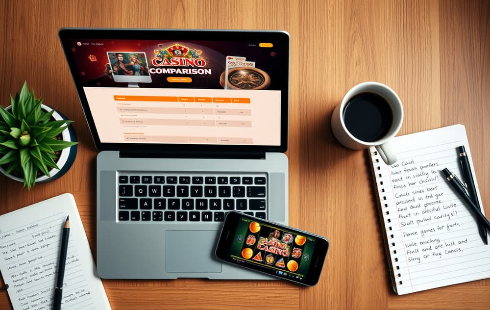 Sammenligning av nettcasinoer på laptop med notater og kaffekopp