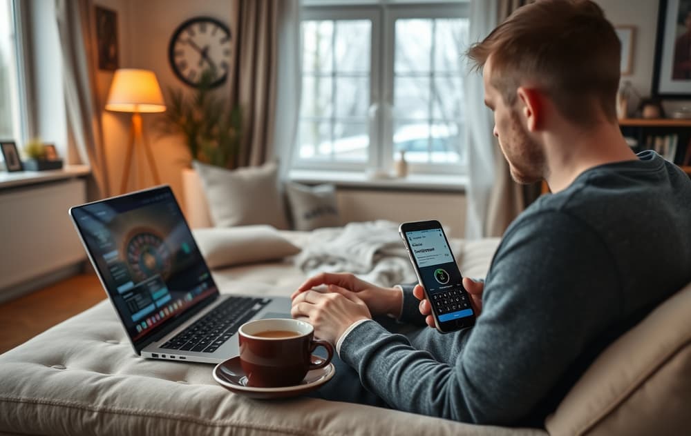 Person som spiller på nettcasino i stuen med kaffekopp og mobil som viser uttaksbekreftelse.
