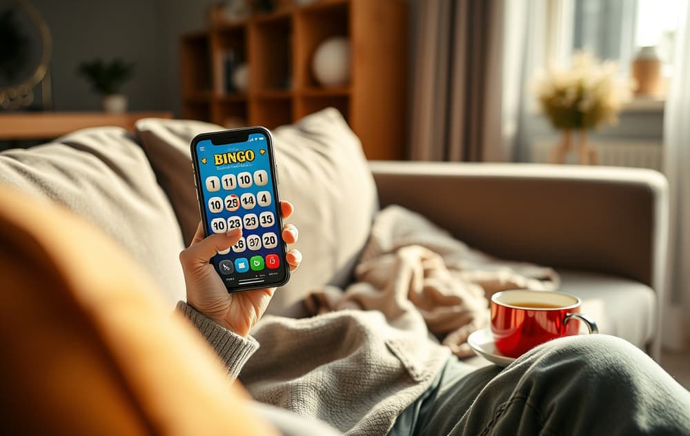 Person som spiller bingo på mobilen hjemme i sofaen