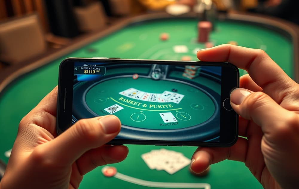 Mobiltelefon med blackjack-spill på skjermen, liggende på grønt filtbord med spillekort og sjetonger