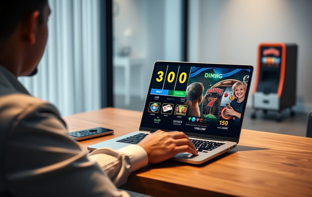 En person spiller gratis spilleautomater på en bærbar PC med virtuell saldo synlig.