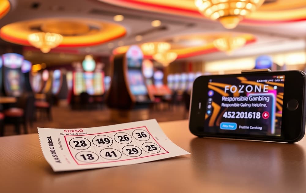 Keno-bong med markerte tall og mobiltelefon med casinolobby i bakgrunnen, med 18+ og Hjelpelinjen 800 800 40.