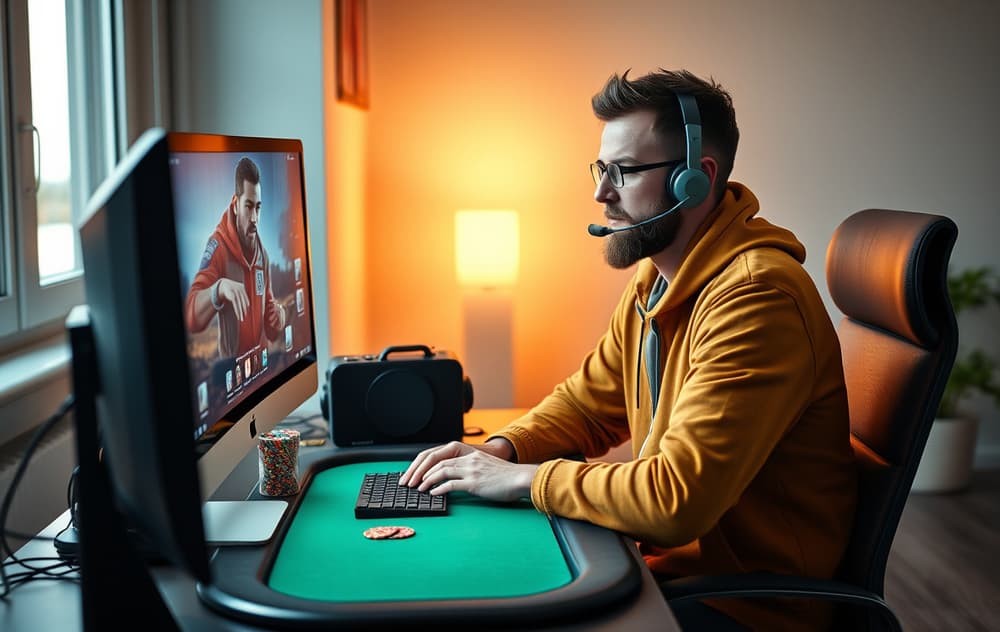 Spiller foran dataskjerm med poker på nett.