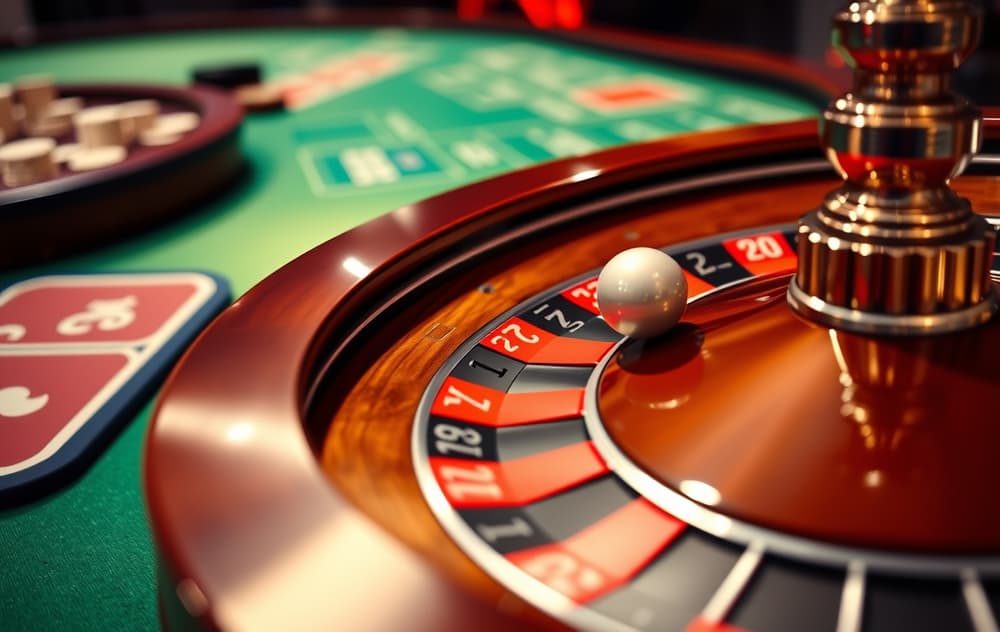 Rulett hjul i bevegelse på et casino, med ball og grønt bord.
